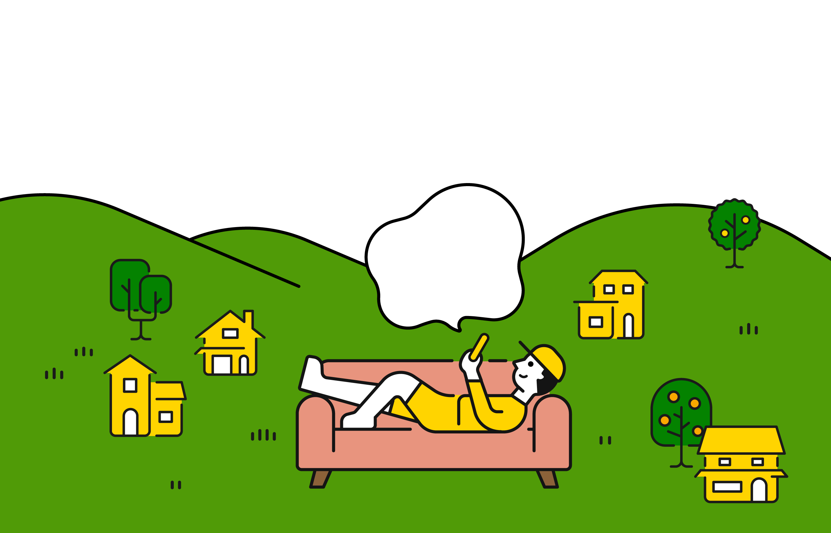ソファに横たわりスマートフォンで家について調べている人物のイラスト