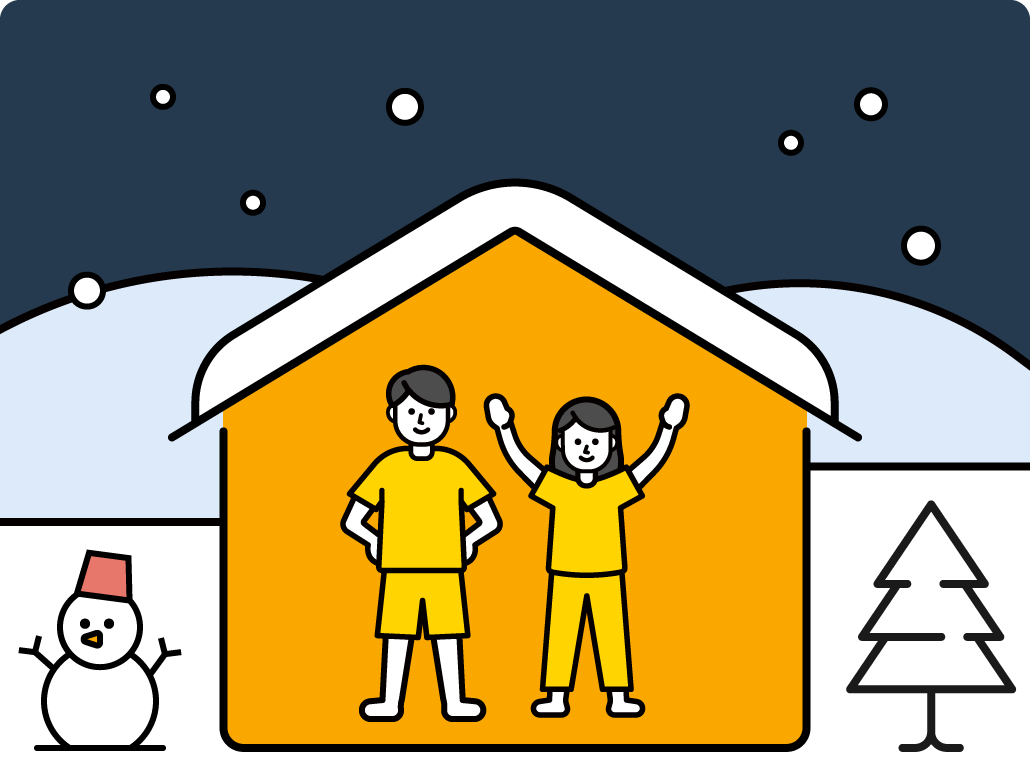 雪が積もる夜、暖かそうな家の中で半袖の2人が元気に過ごしている様子のイラスト