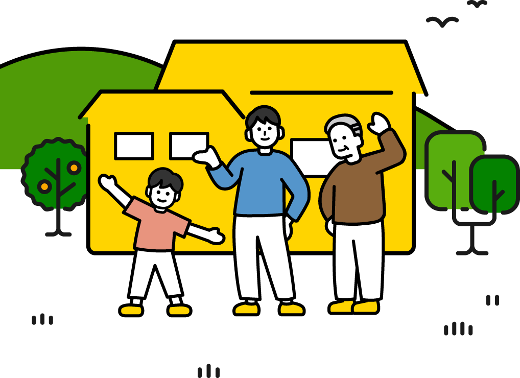 三世代家族が家の前で手を振っているイラスト