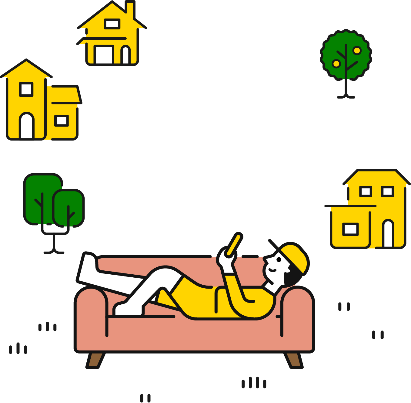 ソファに横たわりスマートフォンで家について調べている人物のイラスト