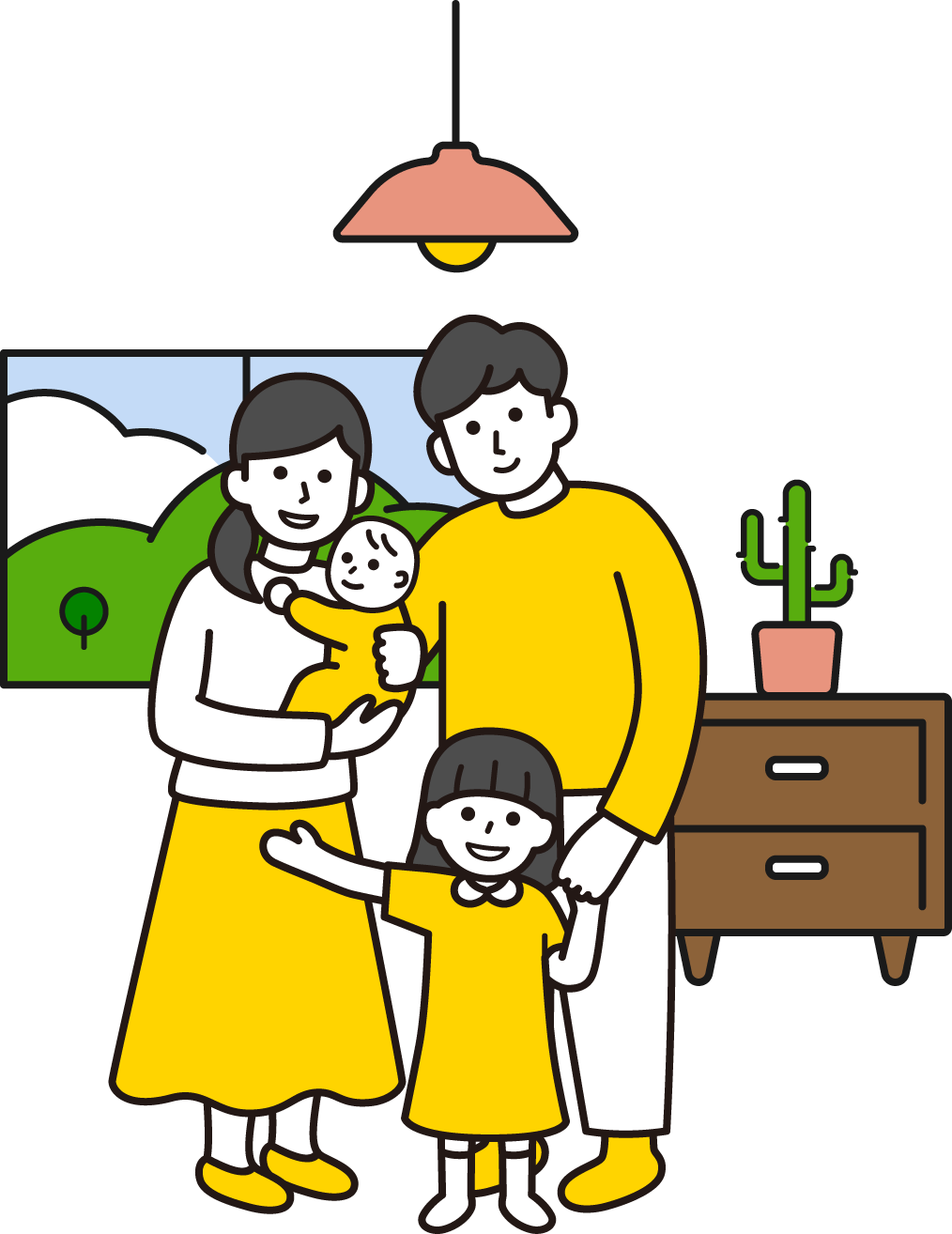 室内で笑顔の家族が並ぶイラスト。両親と赤ちゃん、幼い子どもが一緒にポーズを取っている。