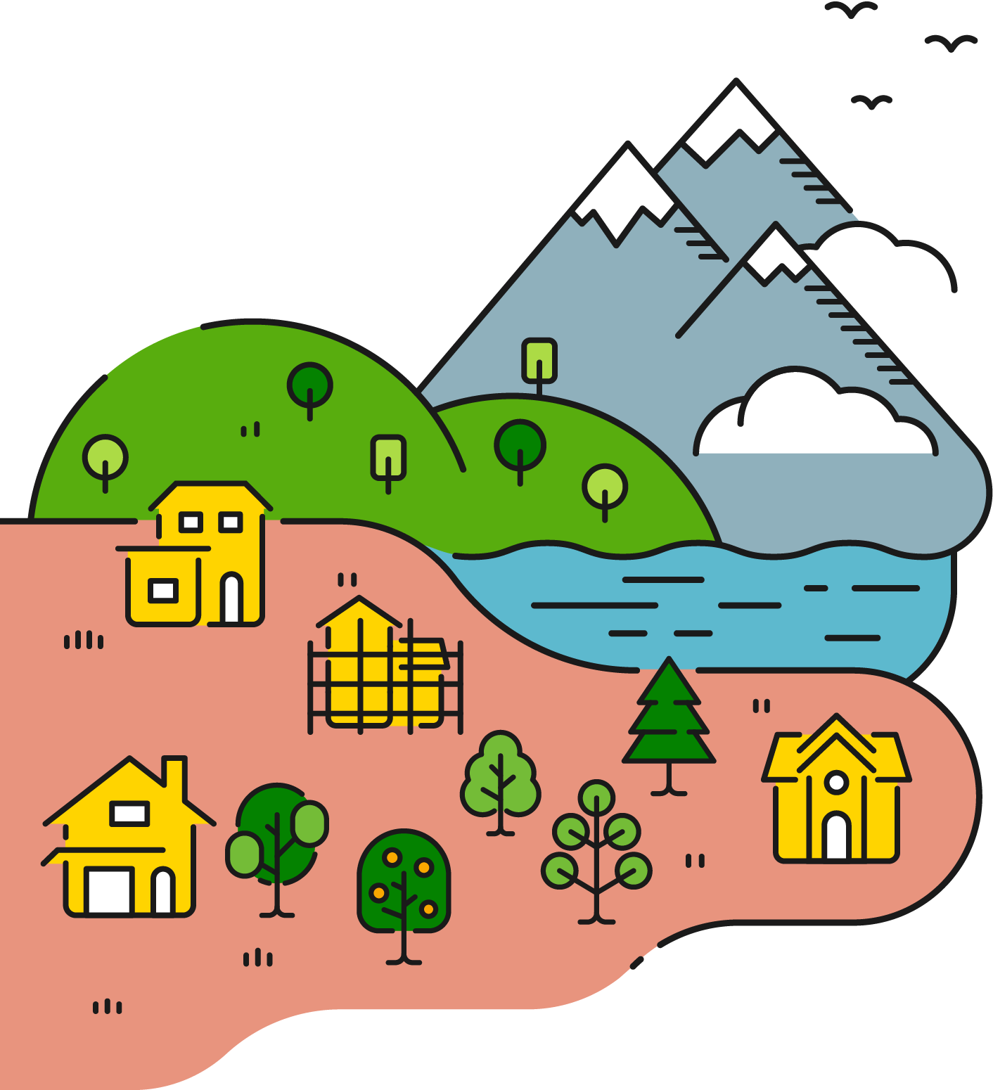 山や川、緑の丘が広がる風景のイラスト。家や木々、建設中の建物、気球などが描かれている。